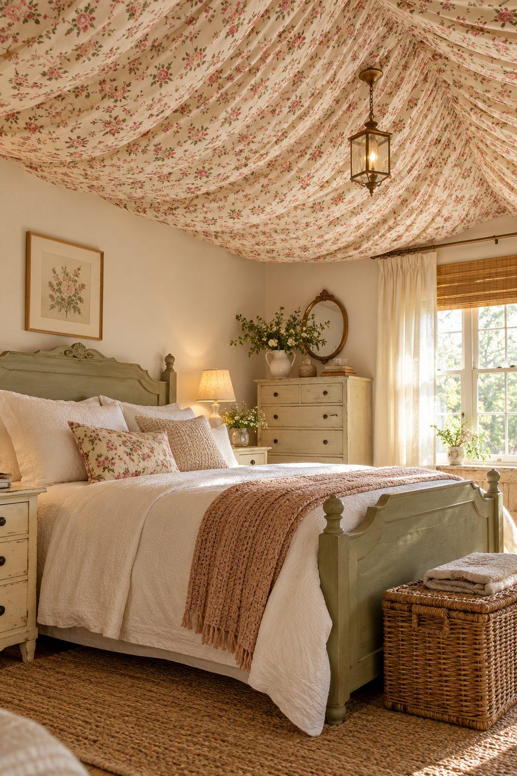 Small floral cotton fabric drapes on a cozy cottage guest bedroom ceiling