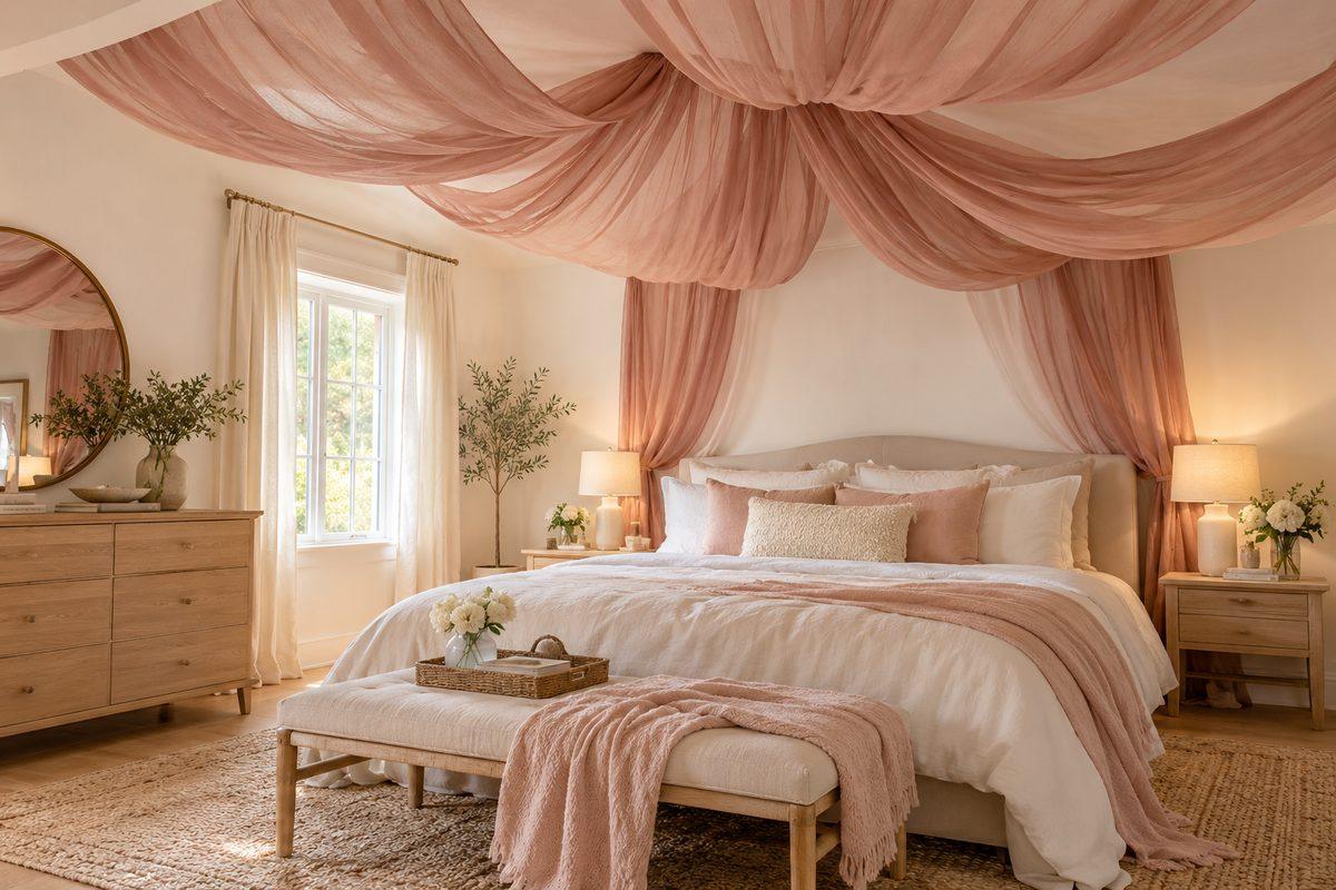 Dusty-rose fabric drapes concentrated above a bed in a romantic bedroom