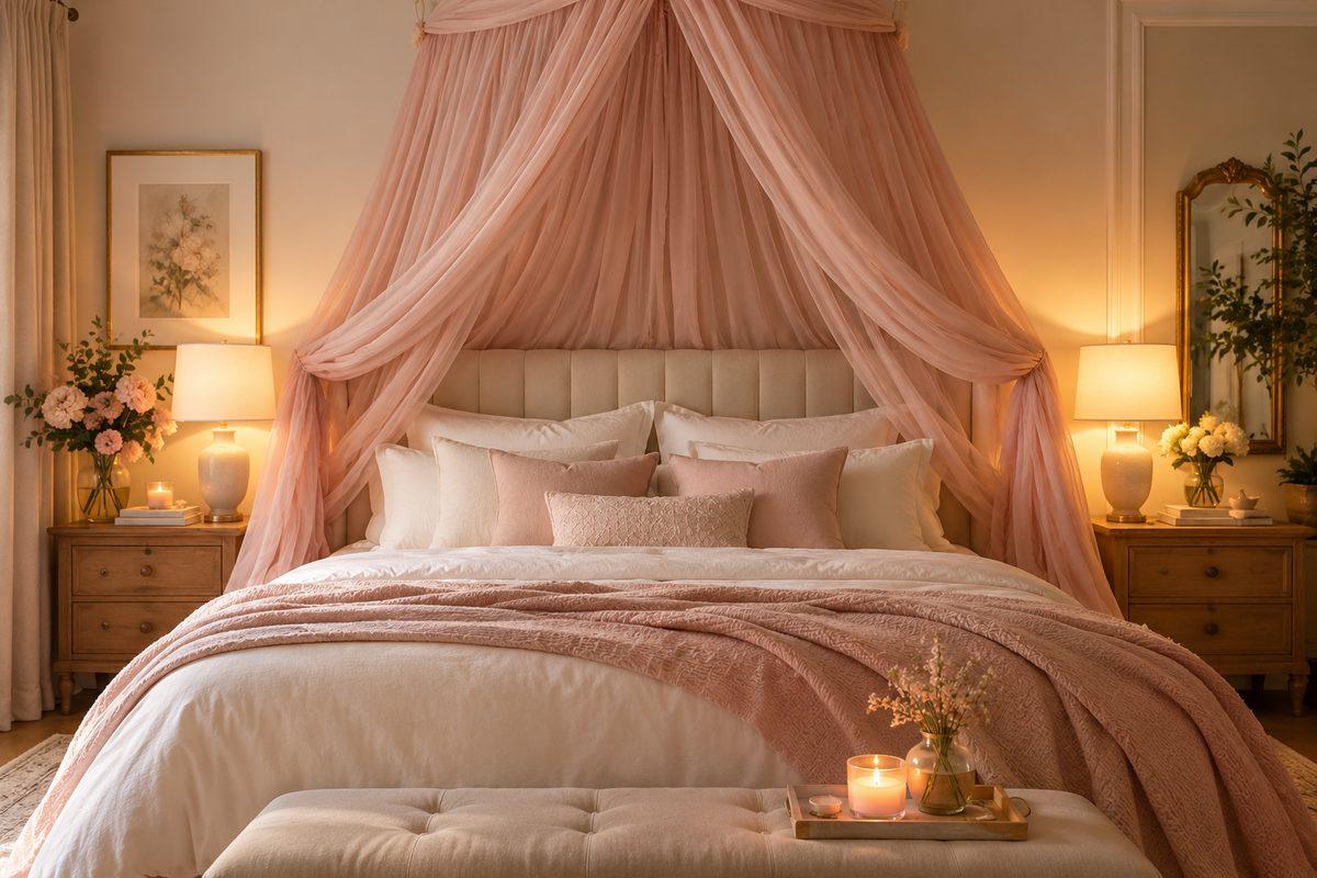 Blush-pink sheer fabric canopy gathered above a bed headboard in a romantic bedroom