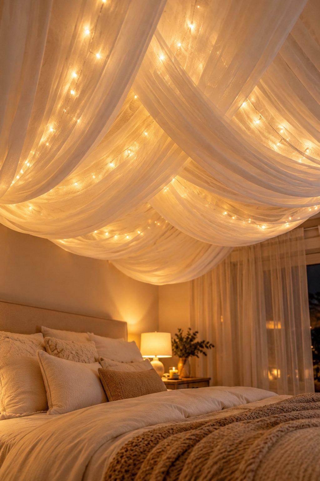Sheer ivory ceiling fabric with warm fairy lights glowing softly behind it