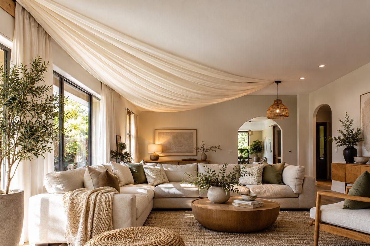 Single diagonal sweep of ivory fabric across a modern living-room ceiling