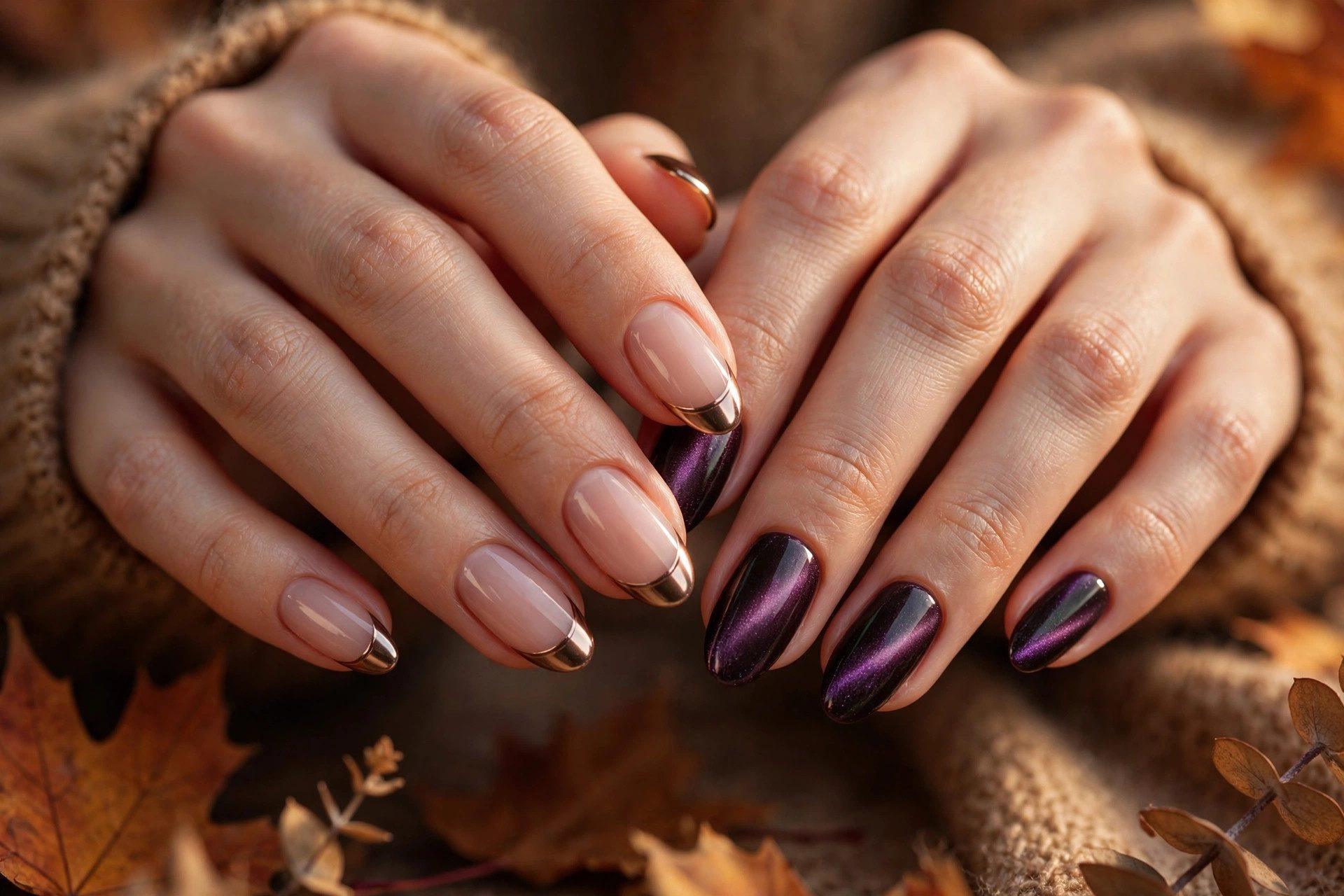 Bronze chrome French tip nails and plum cat-eye magnetic nails