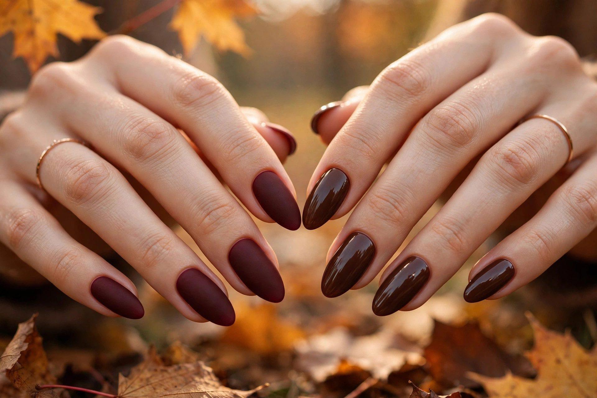 Deep burgundy matte nails and chocolate brown glossy nails