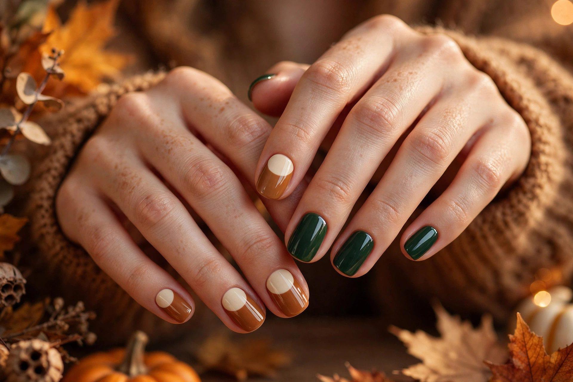 Caramel and cream half-moon nails and forest green nails