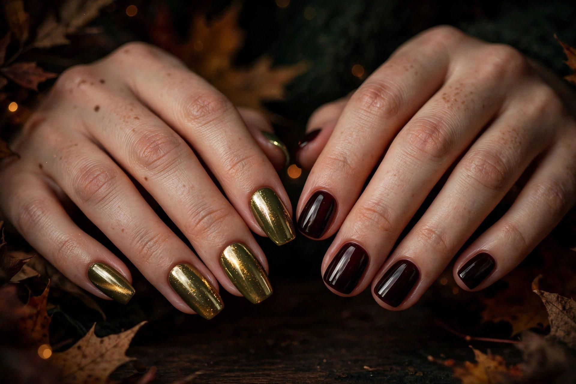 Olive green chrome nails and black cherry glossy nails