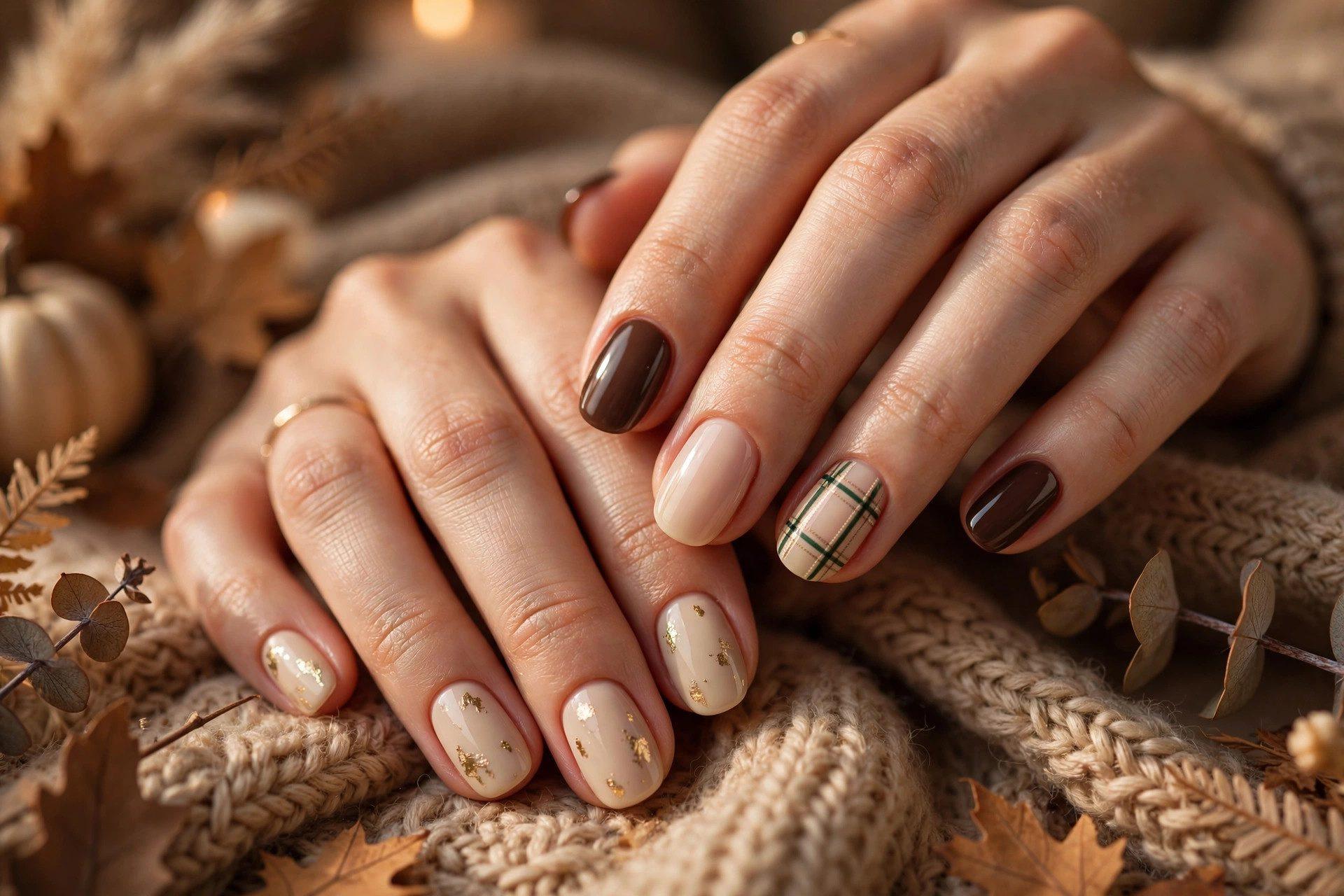 Plaid accent nail with chocolate brown nails and nude nails with gold foil