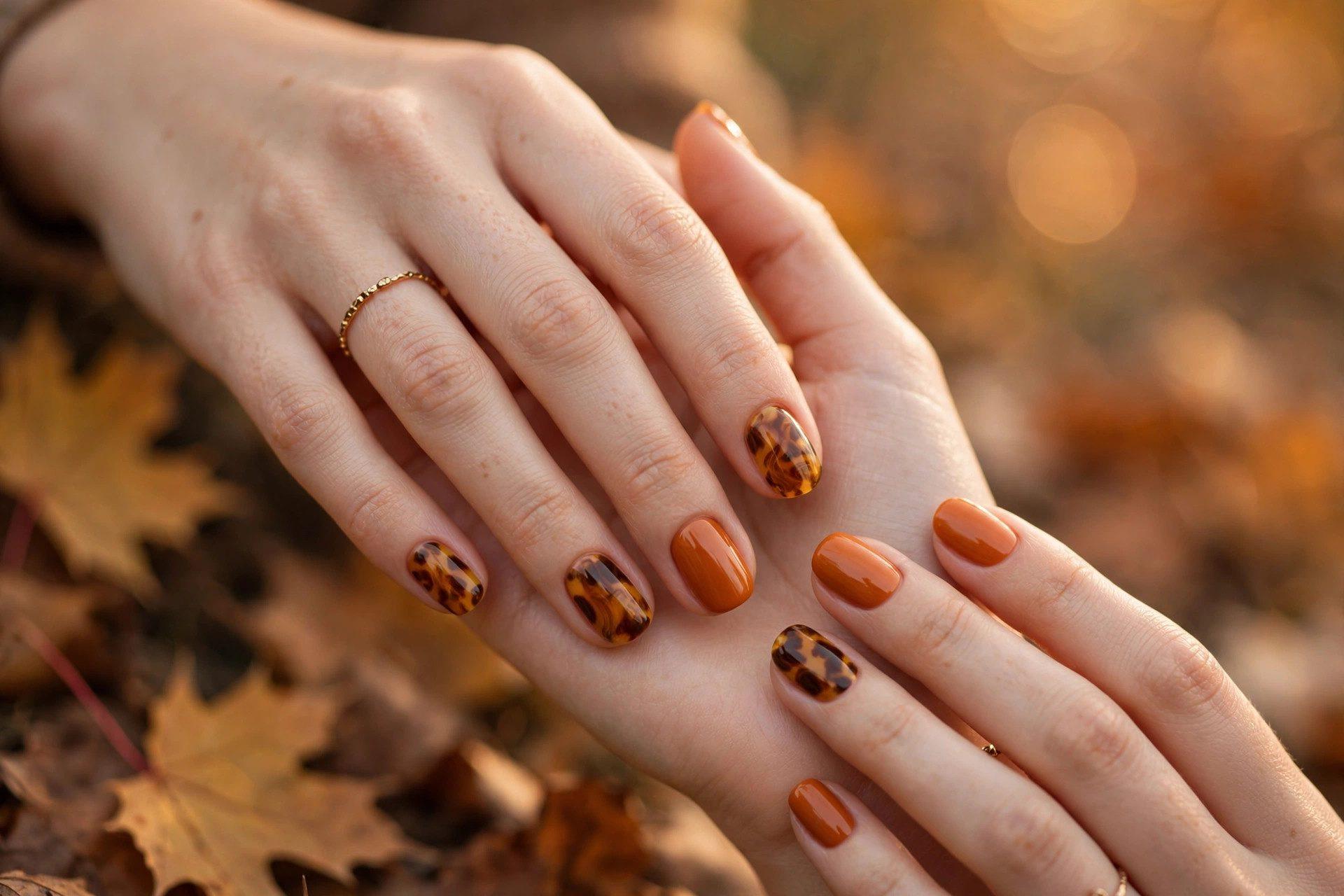 Tortoiseshell nail art and burnt orange cream nails