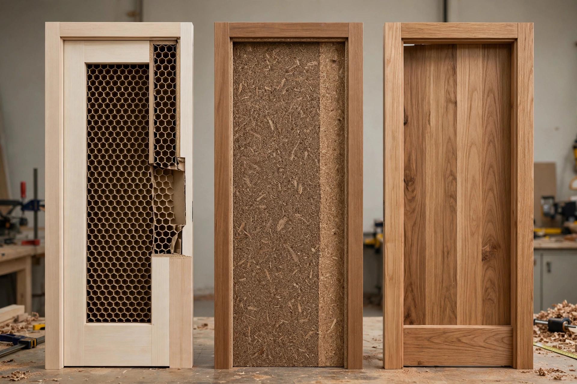 Cutaway comparison of hollow-core, solid-core, and solid wood interior door construction