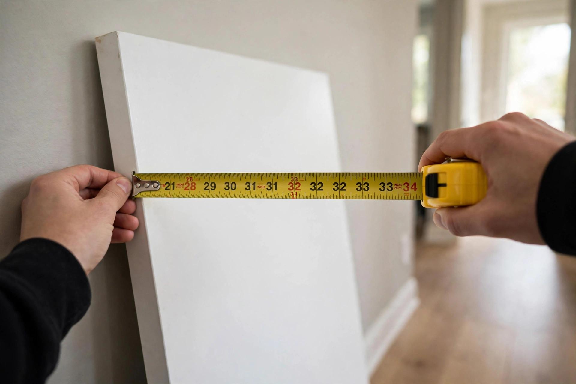 Measuring the width of a white interior door slab with a yellow tape measure