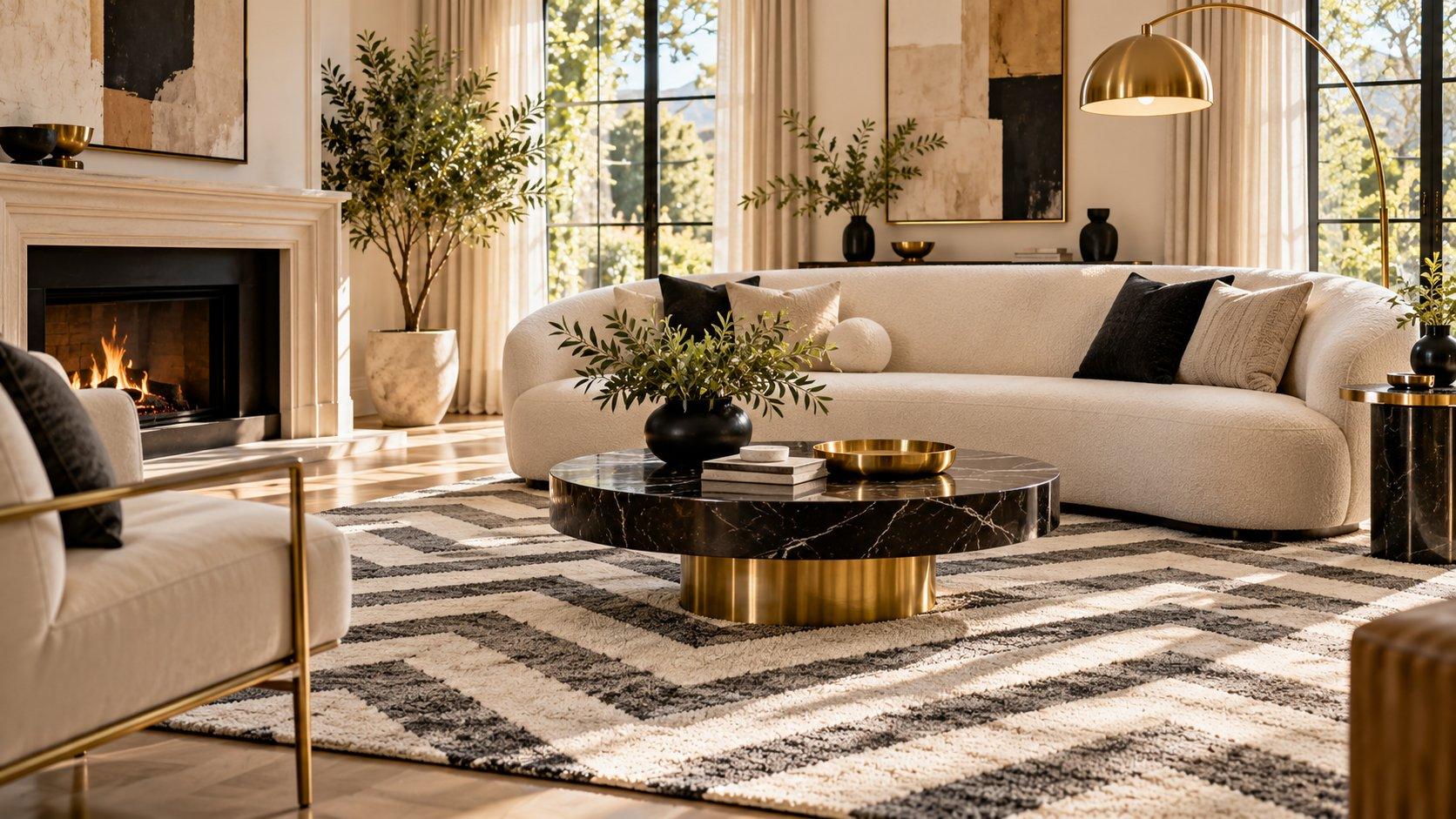 Neutral living room with ivory and charcoal chevron rug and curved cream sofa