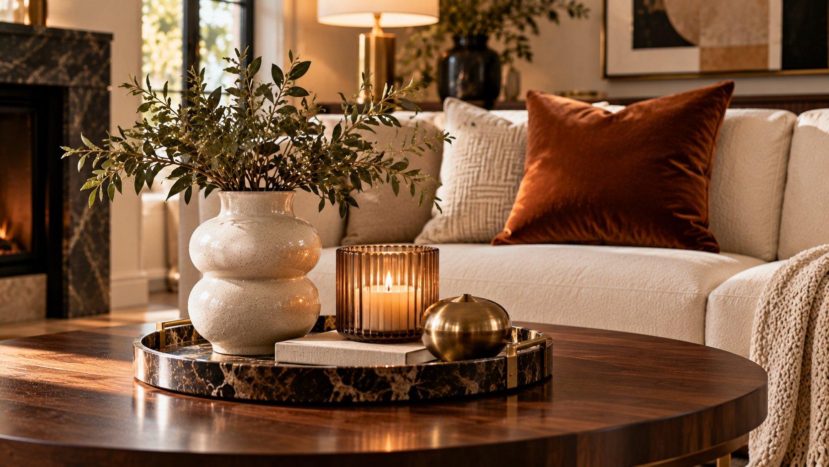 Styled coffee table with sculptural vase, ribbed glass candleholder and velvet cushion