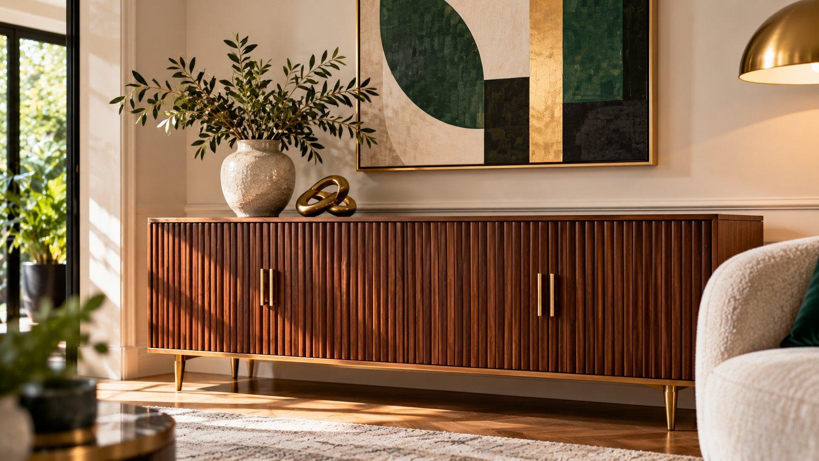 Walnut fluted sideboard with brass handles styled with a ceramic vase and geometric artwork