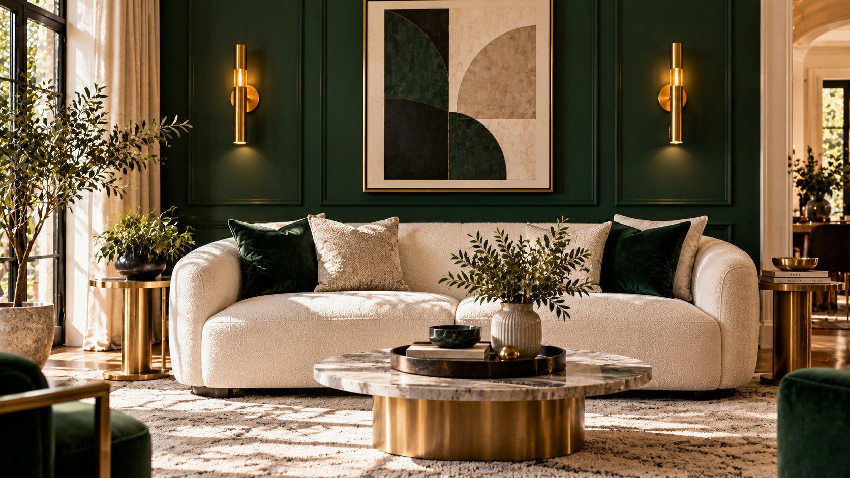 Deep forest green accent wall with brass sconces behind a cream sofa