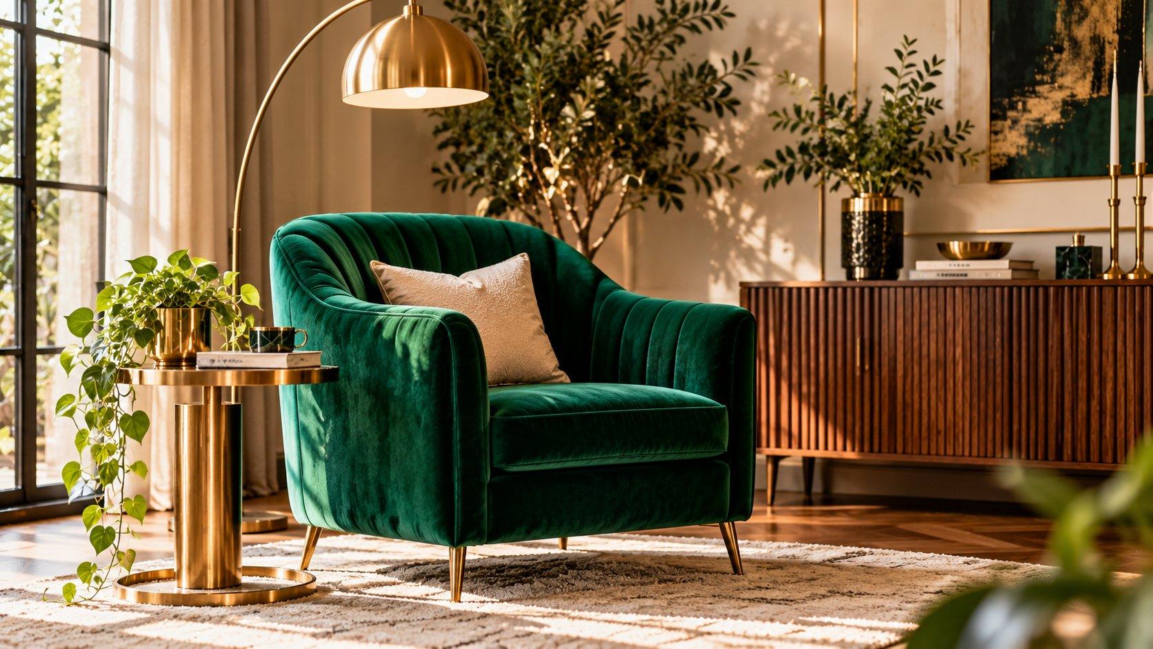Emerald green channel-tufted velvet armchair with brass side table in a Neo Deco living room