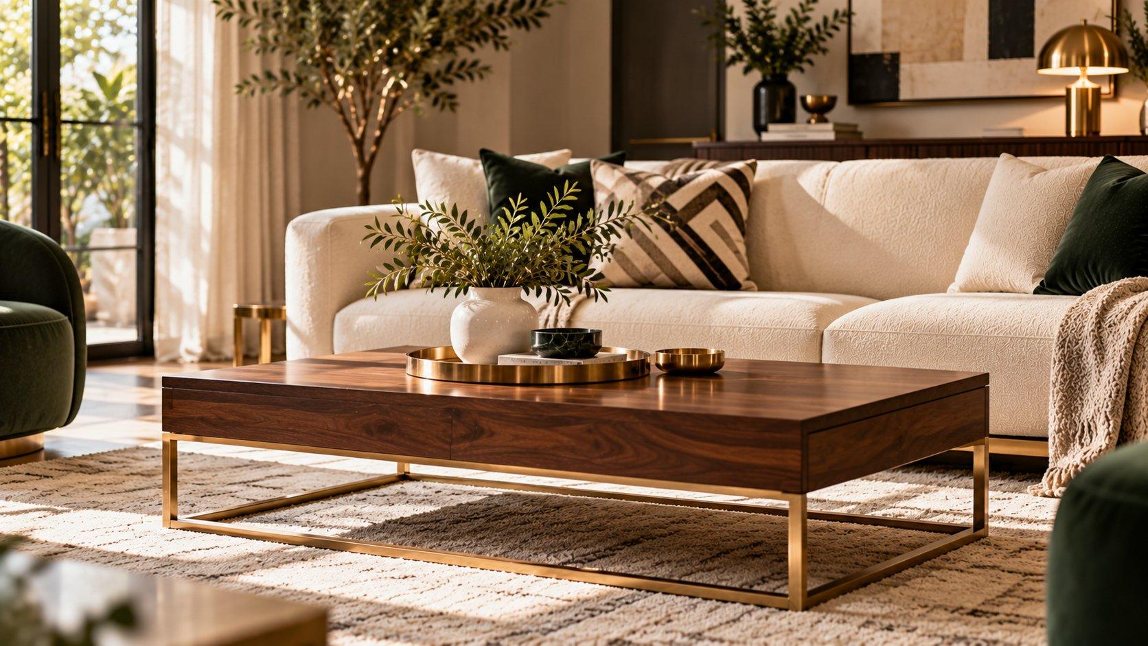 Dark walnut coffee table with brass legs in a Neo Deco living room