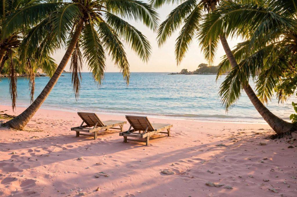 Two wooden loungers on pink sand between leaning palm trees facing turquoise water