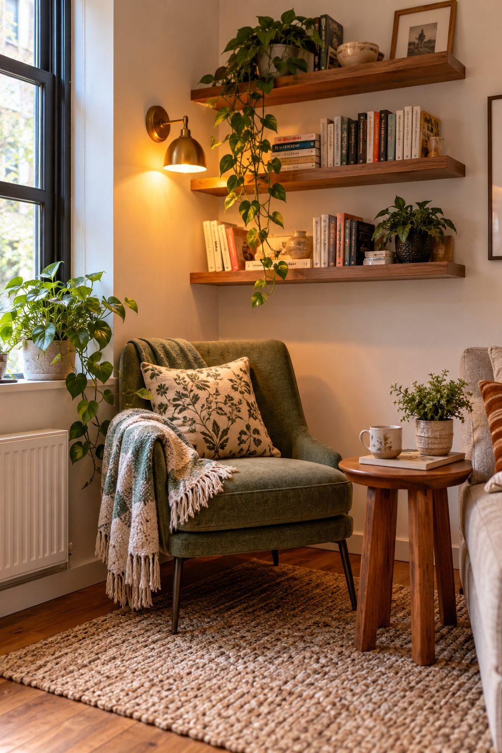 Small apartment reading corner with sage chair, floating shelves and wall sconce