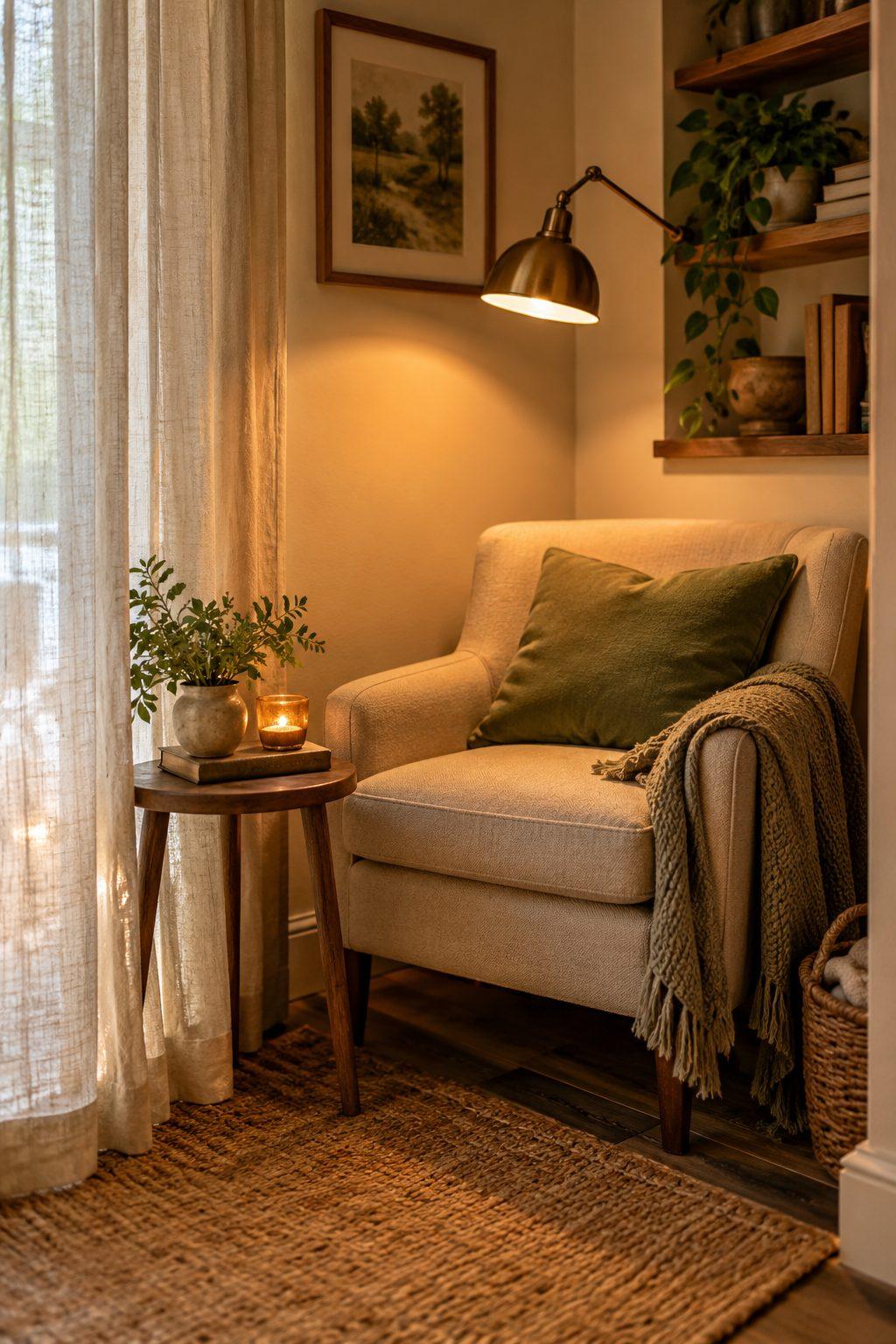 Cozy reading corner with cream curtain, sage cushion and warm lamp