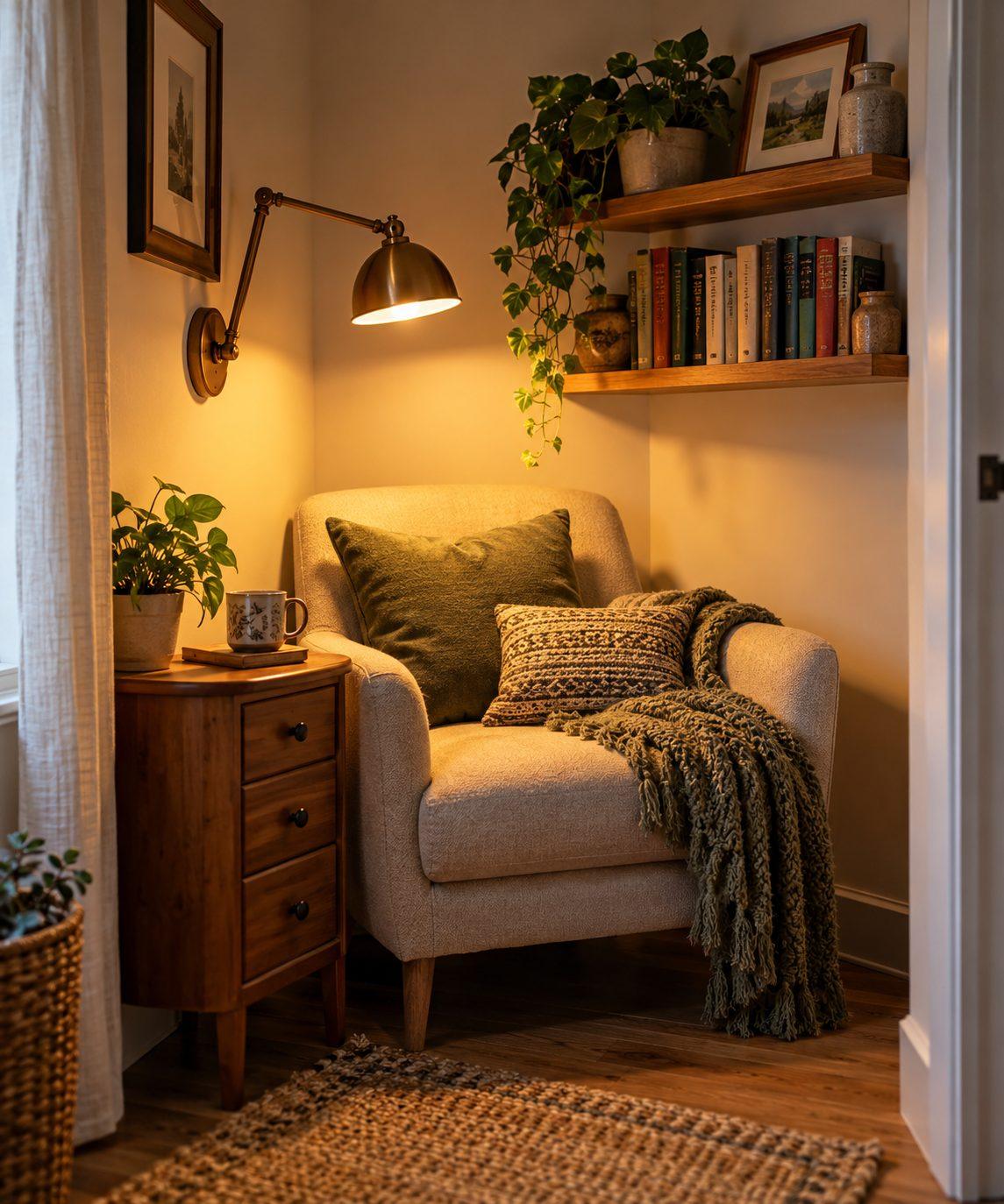 Tiny reading nook with adjustable wall light and small drawer side table