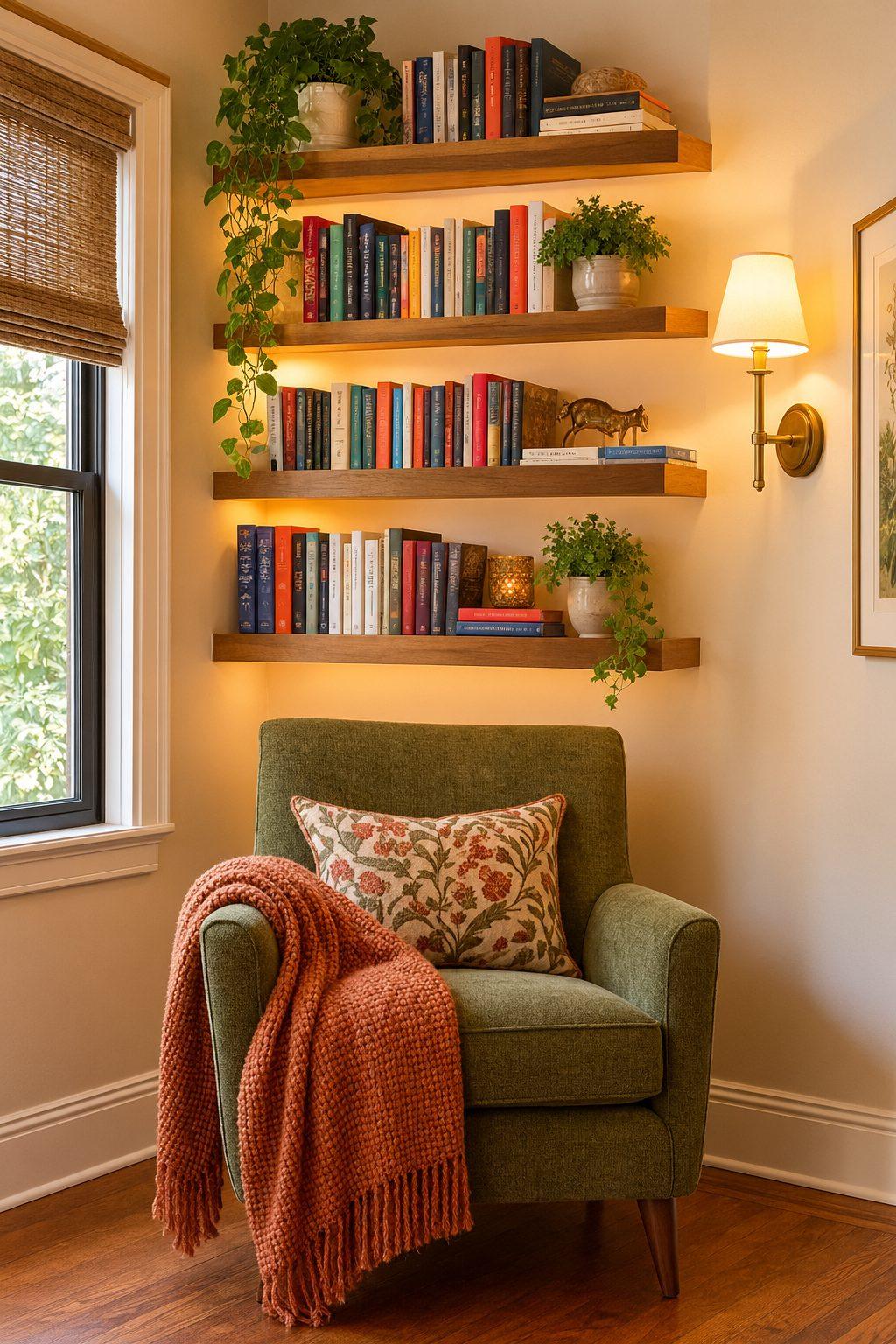 Cozy olive armchair reading nook with vertical floating bookshelves
