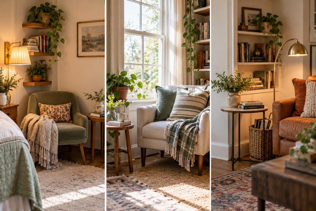 Three cozy reading nook layouts in warm, inviting interiors