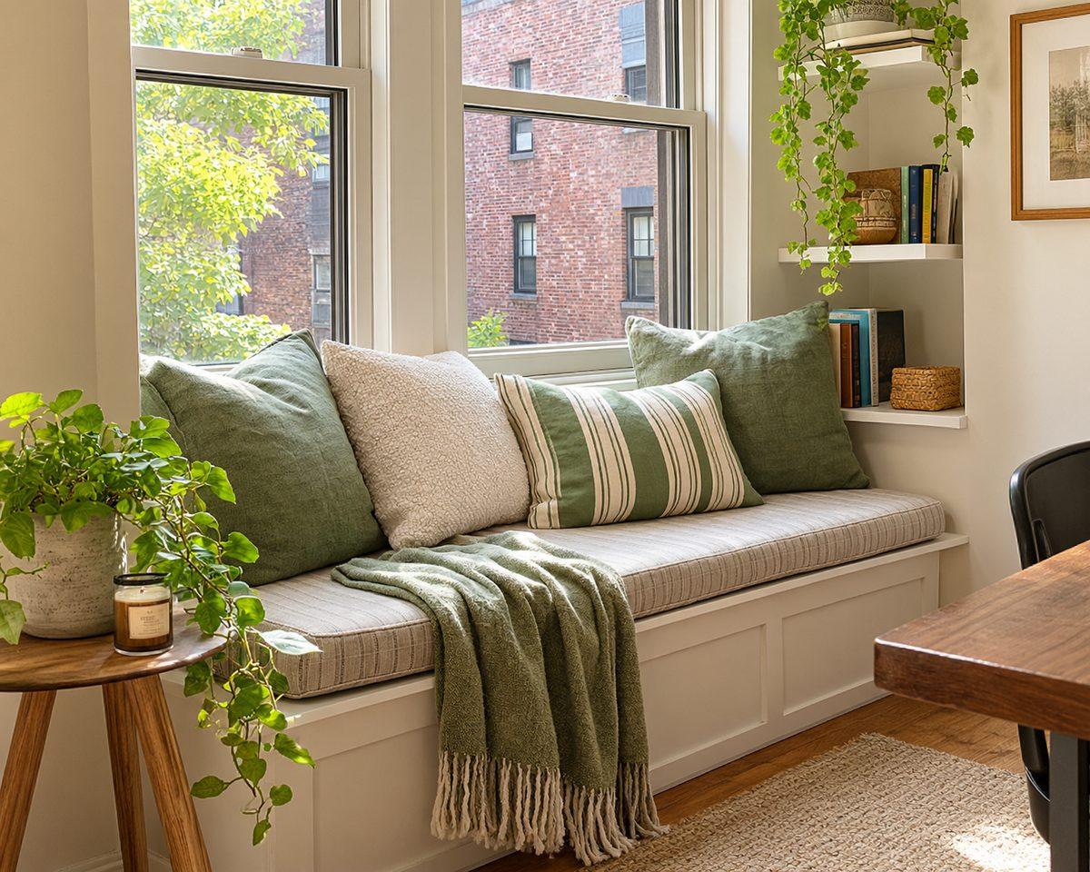 Sunlit Scandinavian window seat reading nook with cushions and throw