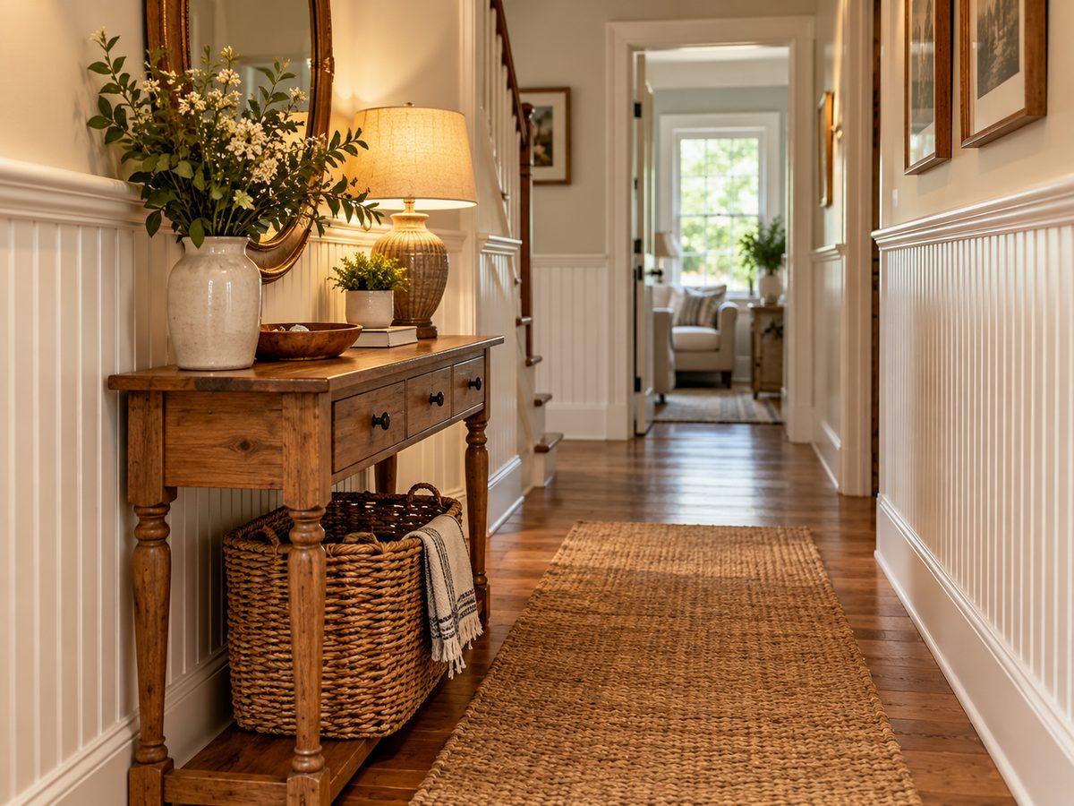 Beadboard wainscoting in a bright rustic hallway
