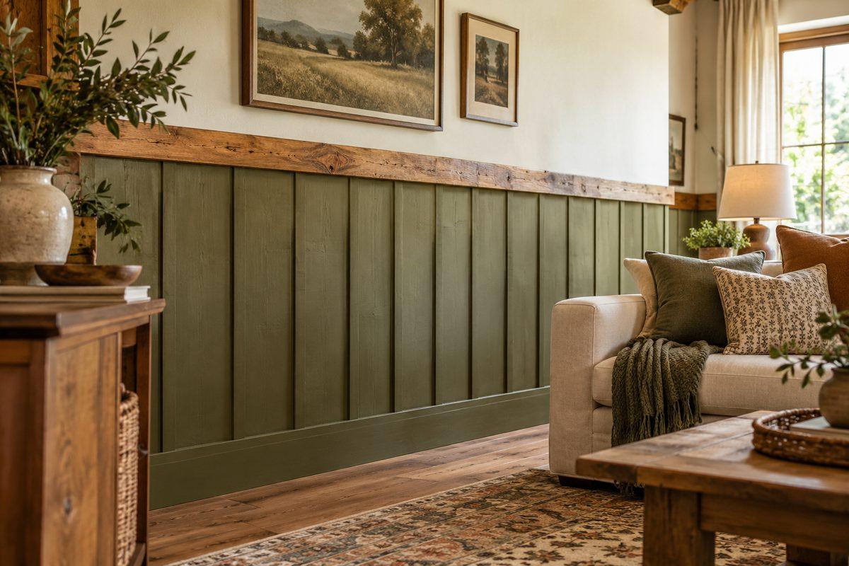 Board-and-batten wainscoting in a warm rustic dining room