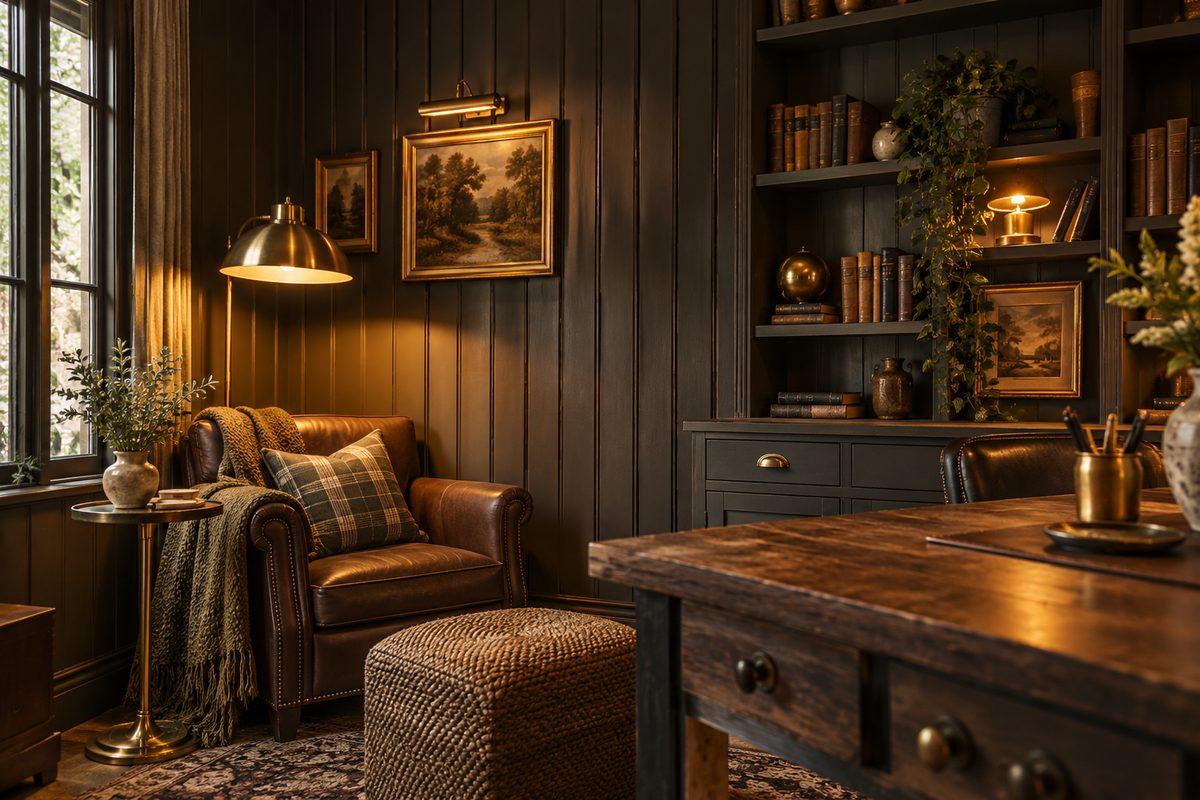 Charcoal-stained wood wainscoting in a moody home study