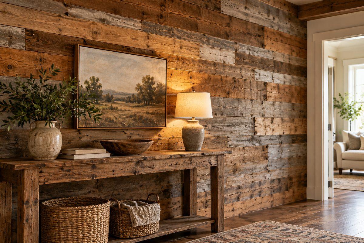 Rustic wall with mixed wood species wainscoting in a living room