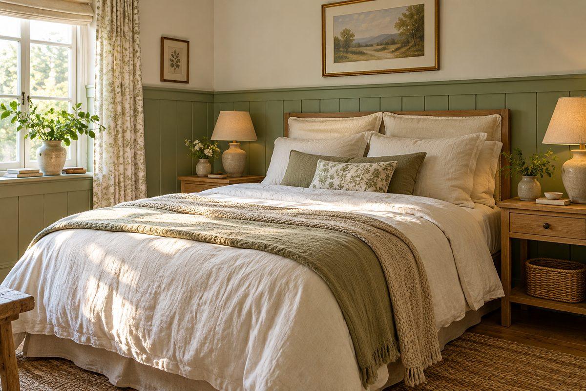 Sage green wainscoting in a cozy rustic bedroom