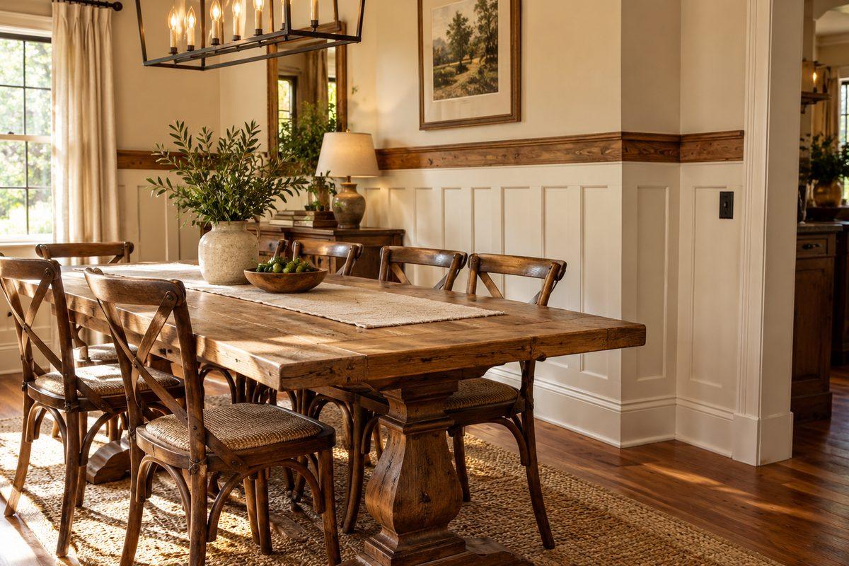 Two-tone rustic wainscoting with contrasting upper and lower sections