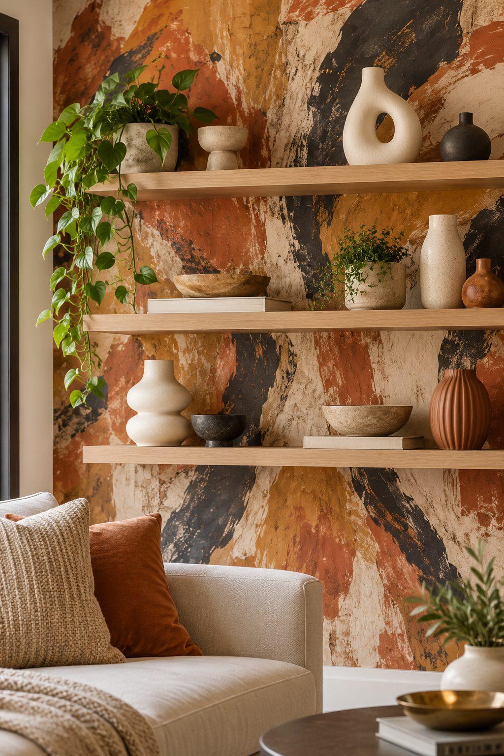 Bold abstract terracotta and ochre wallpaper statement wall behind light-wood floating shelves