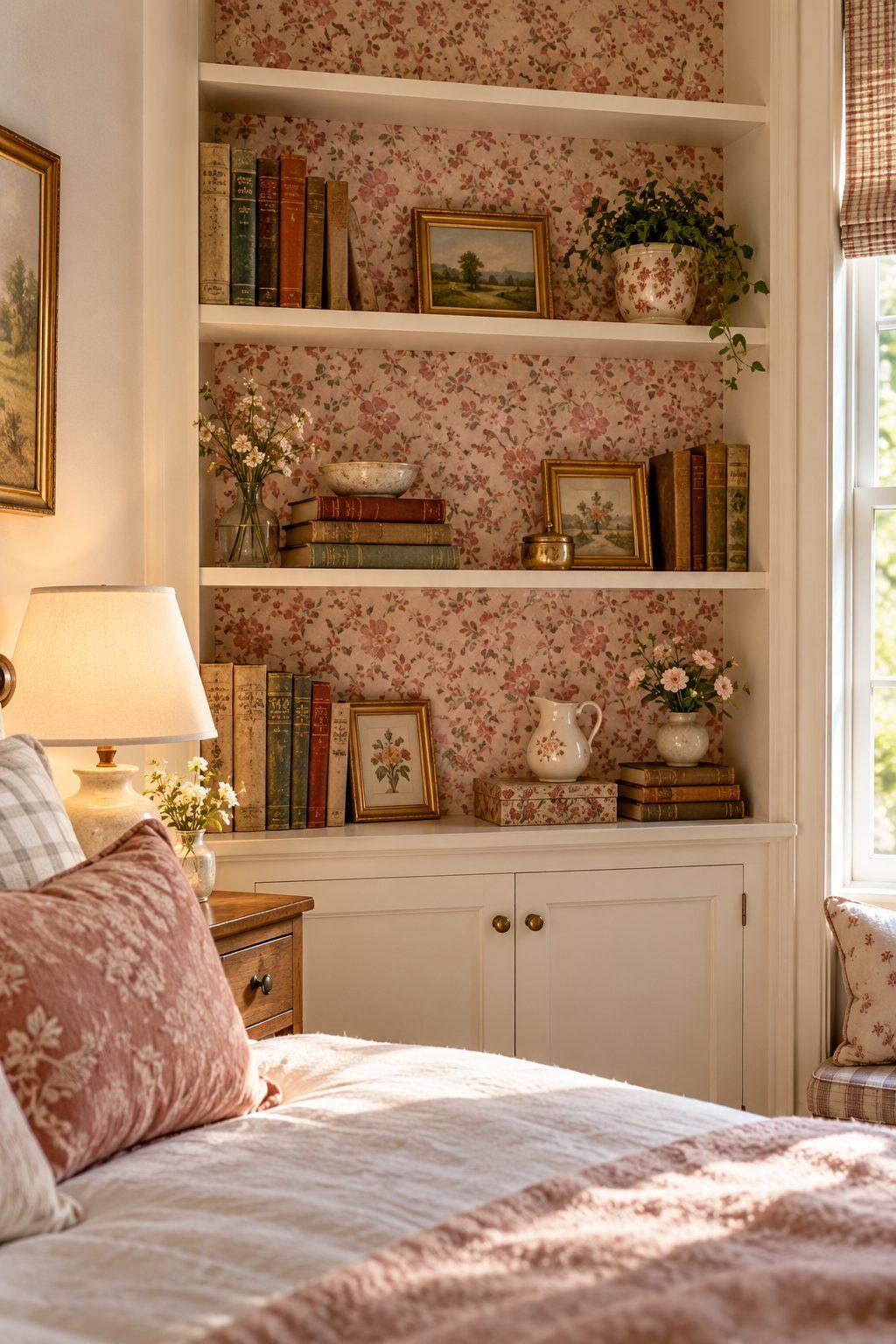 Cream shelves with dusty-rose small floral wallpaper in a cozy cottage bedroom corner