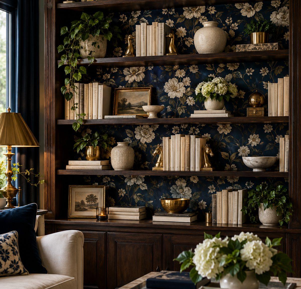 Dark navy floral wallpaper behind a moody wooden bookcase styled with pale books and brass accents