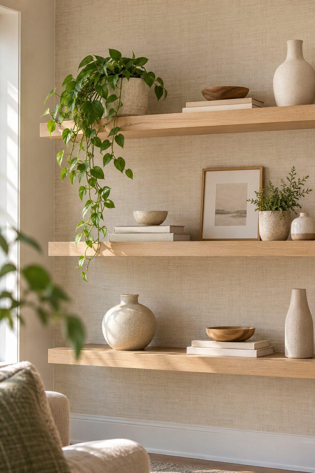 Light oak floating shelves against warm beige linen-texture wallpaper with neutral ceramics