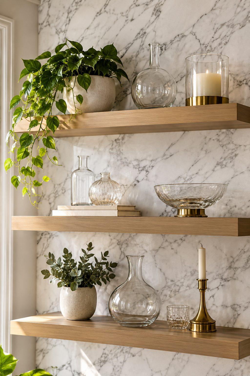 Floating shelves styled against white marble-effect wallpaper with glass vessels and brass accents
