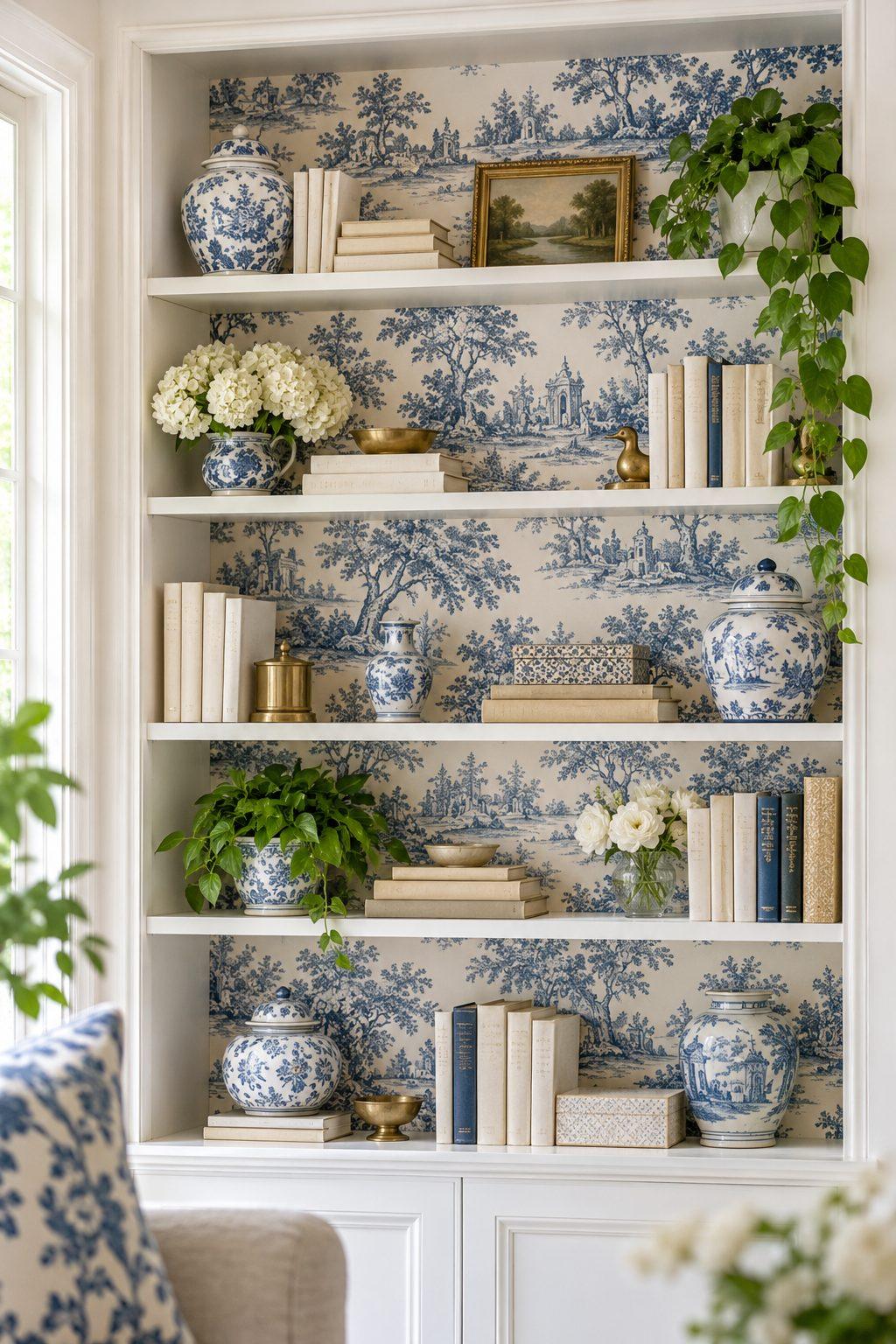 White bookcase with blue-and-cream vintage toile wallpaper backing styled with porcelain vases