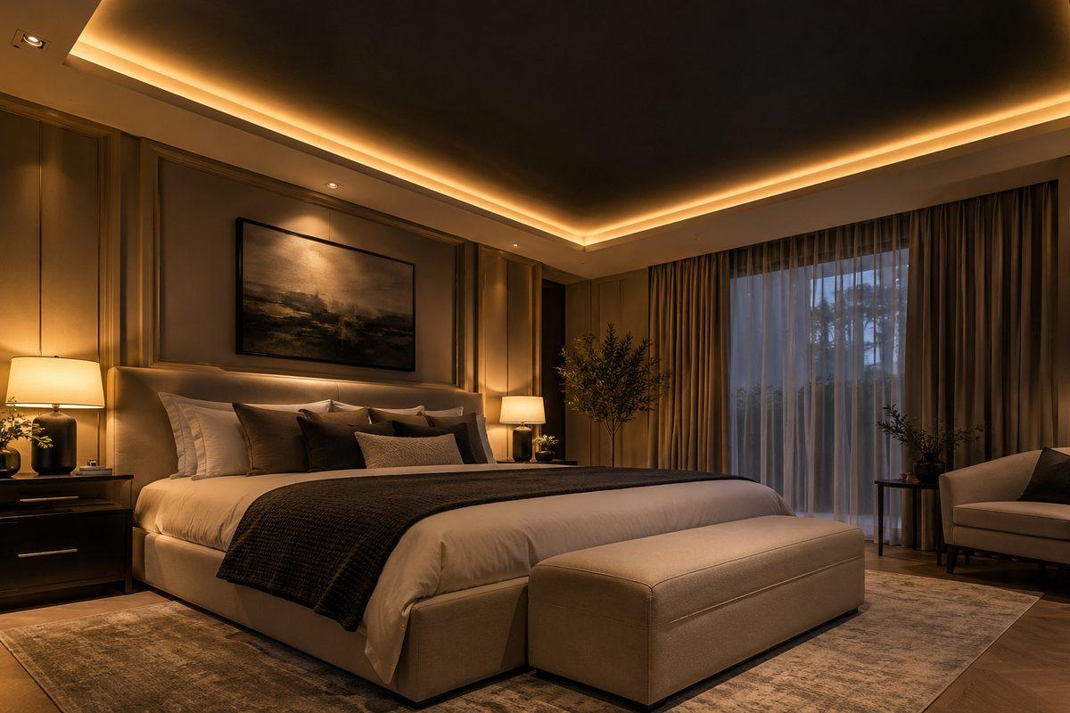 Modern bedroom with concealed warm-white LED cove lighting around a dark ceiling