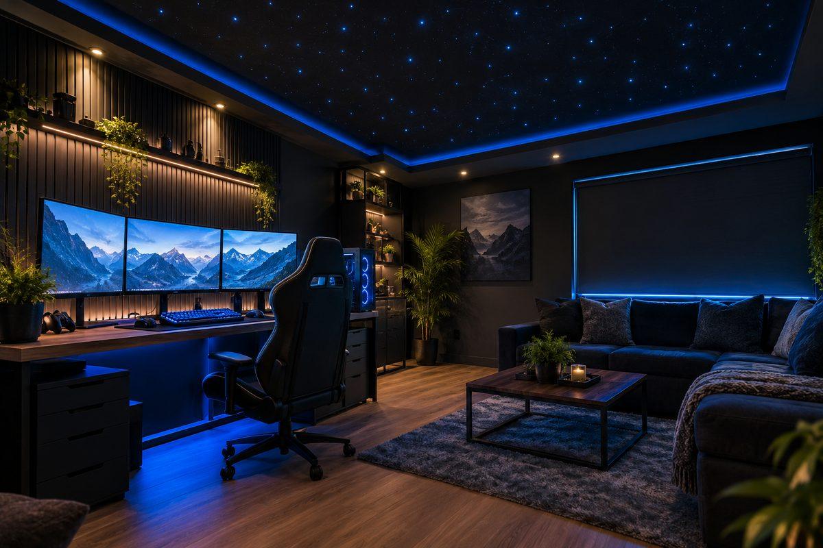 Gaming room with a dark charcoal ceiling, subtle blue star points and an illuminated desk