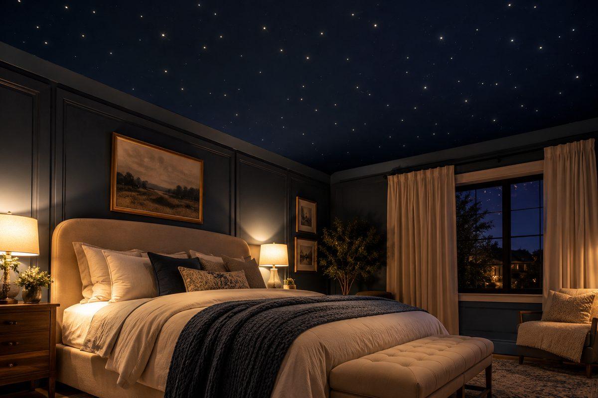 Midnight-blue bedroom ceiling with a sparse, natural arrangement of tiny glow-in-the-dark stars