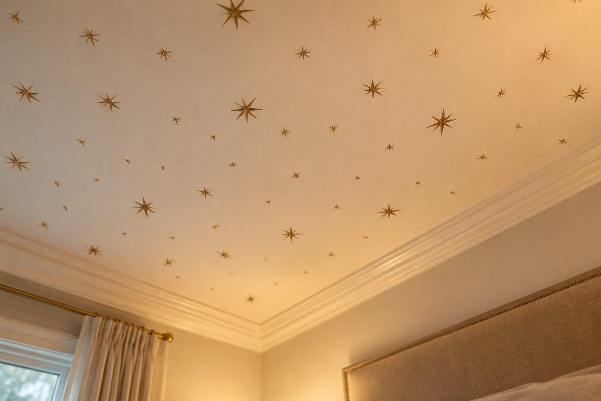 Close-up of understated champagne-gold star decals against a warm ivory ceiling