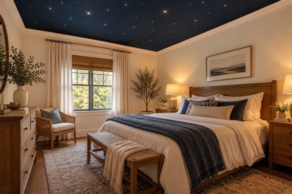 Bedroom with a matte midnight-blue painted ceiling, warm white walls and natural wood furniture