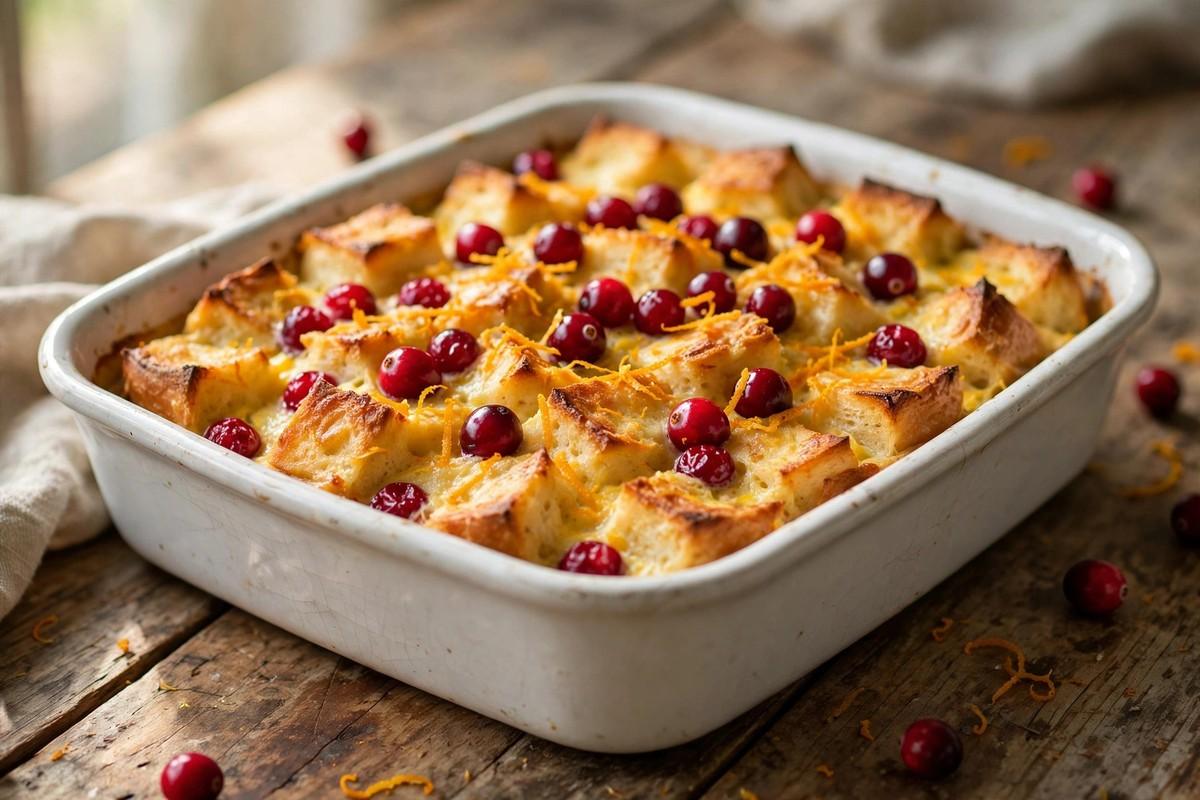 Golden overnight French toast casserole with cranberries and orange zest in a white baking dish