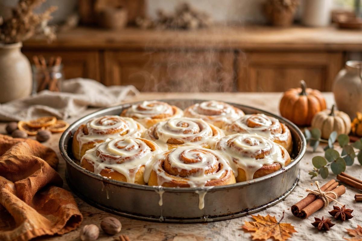 Warm pumpkin cinnamon rolls with cream cheese frosting in a round baking pan