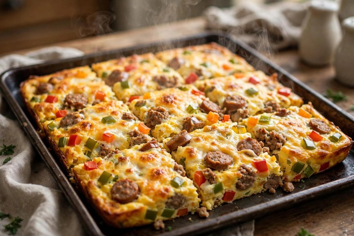 Sheet-pan egg bake with sausage, peppers, and melted cheese cut into squares