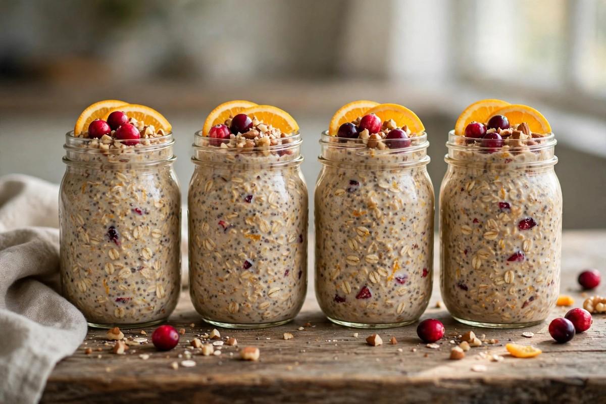 Mason jars of cranberry-orange overnight oats topped with cranberries, orange slices, and nuts