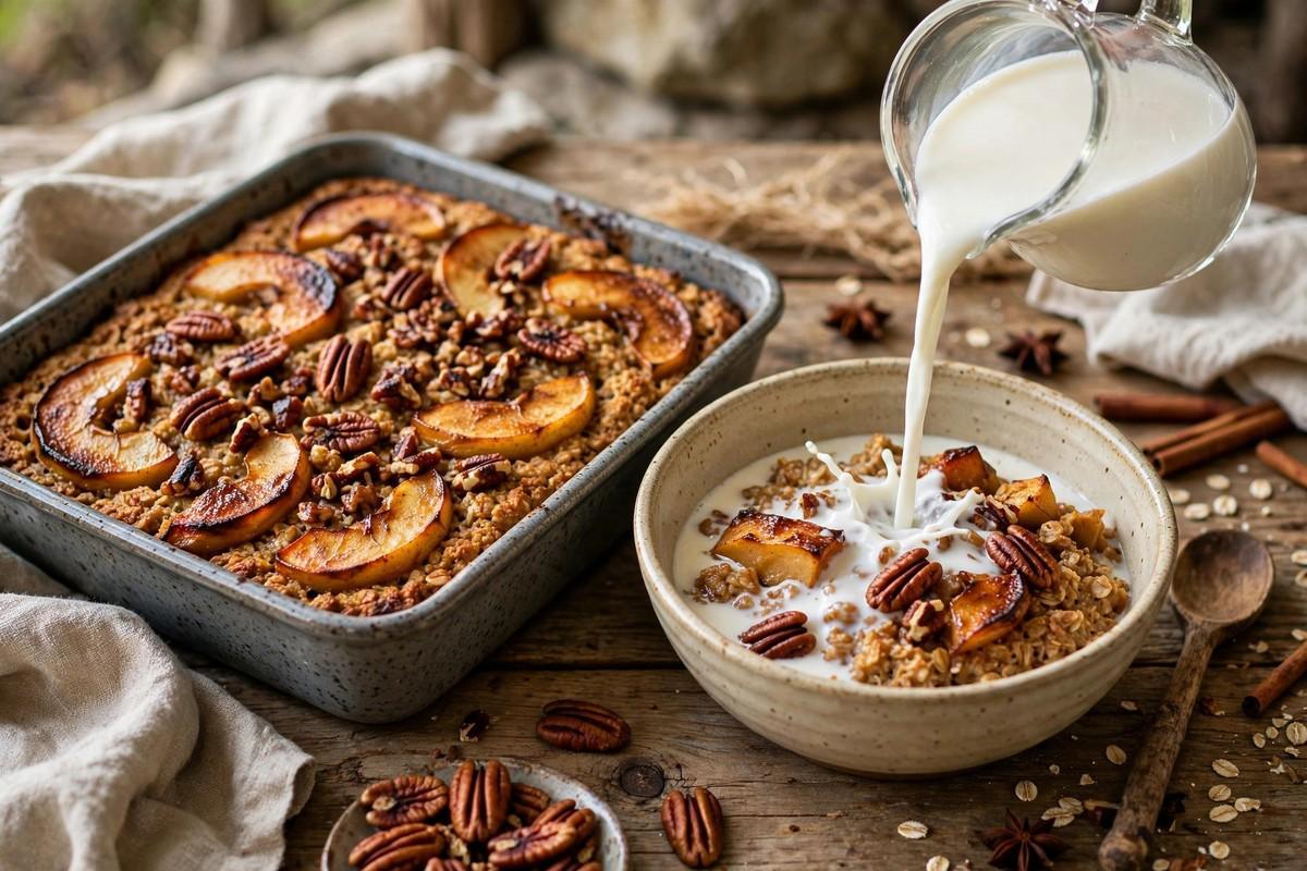 Baked apple-pecan oatmeal in a square dish with milk being poured over a serving bowl