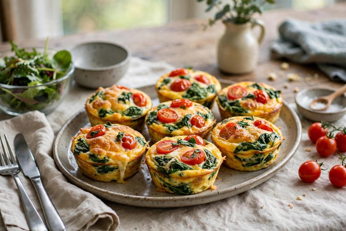 Baked spinach and tomato egg muffin cups arranged on a serving platter