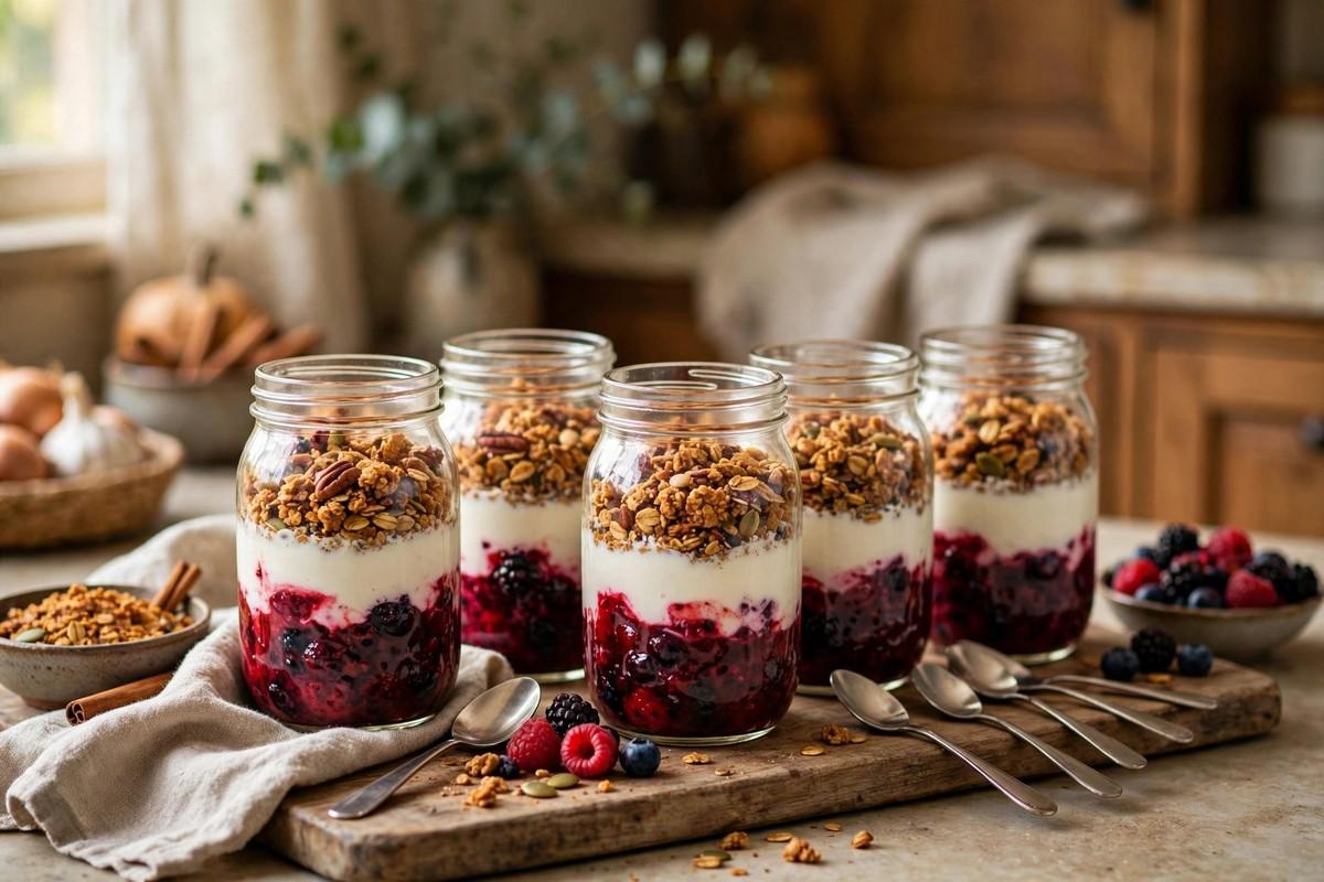 Glass jars of overnight yogurt parfaits layered with berry compote and granola